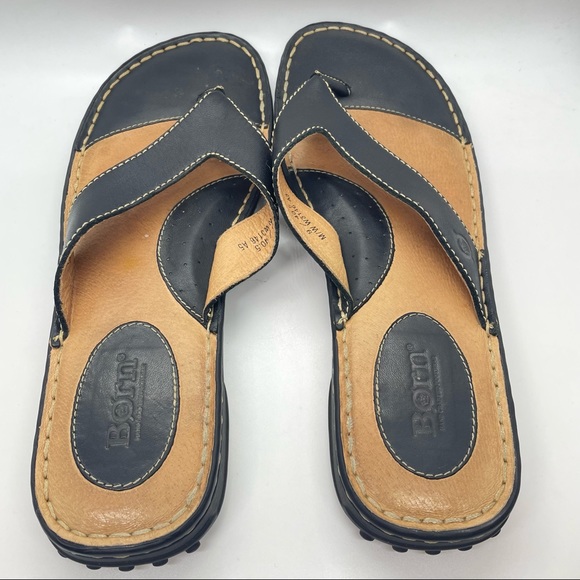 born black leather flip flops